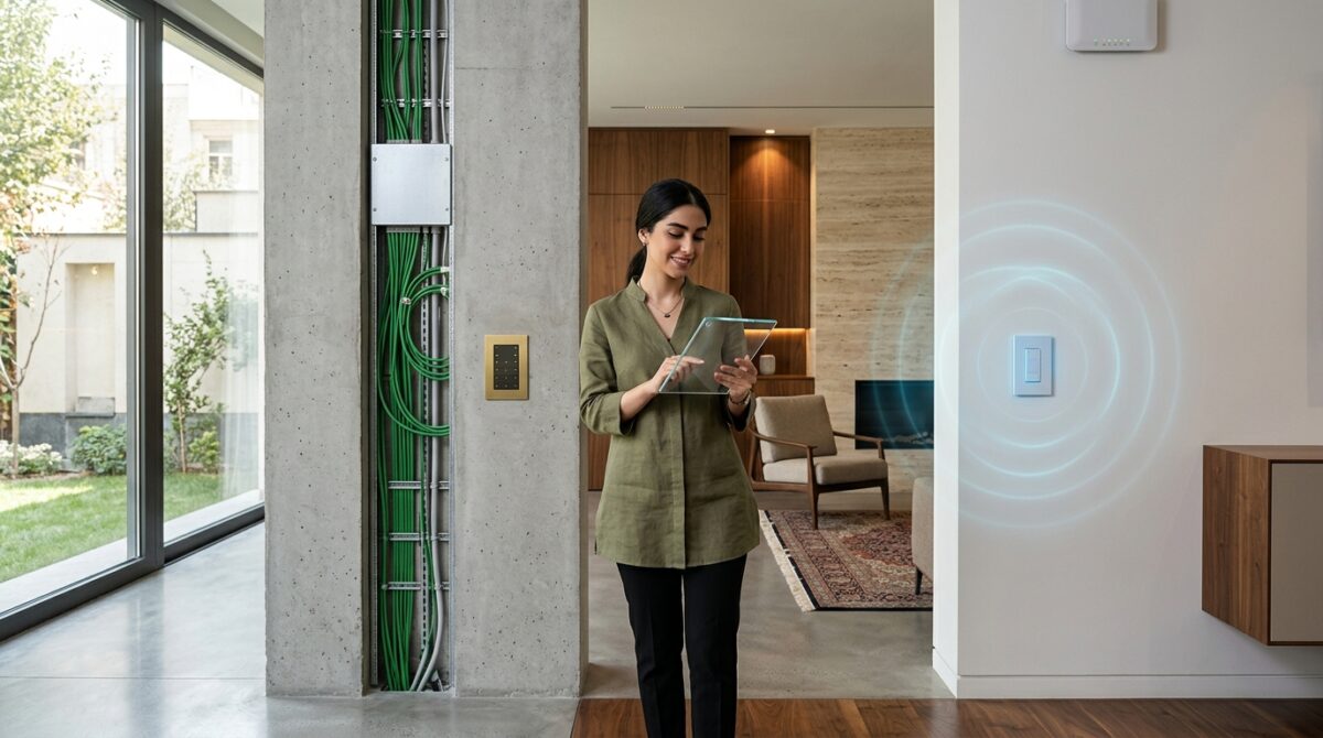 نمایش کابل‌کشی باس KNX در کنار ماژول‌های هوشمند دیواری در یک ساختمان تجاری