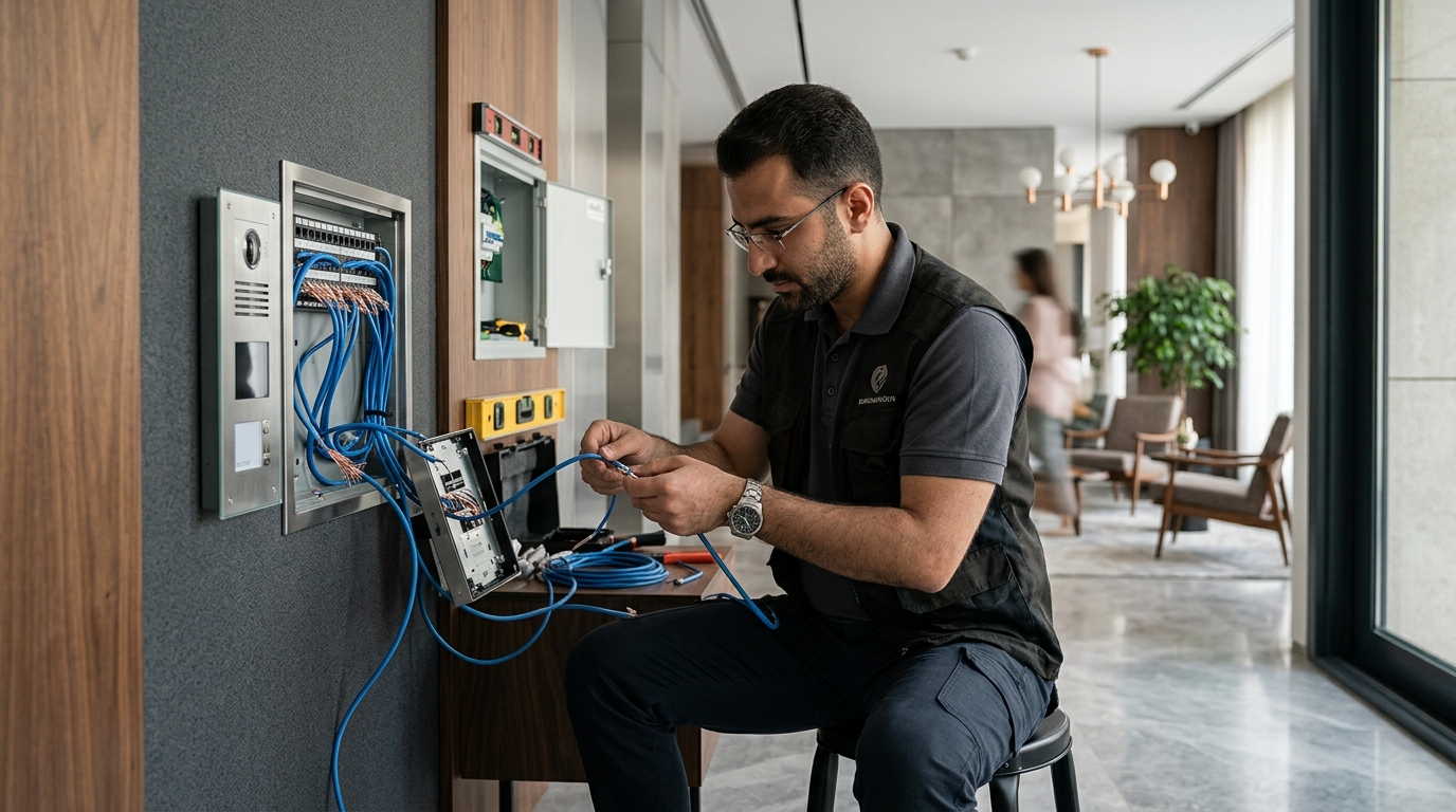 نصب و کابل‌کشی آیفون تصویری IP در ورودی آپارتمان